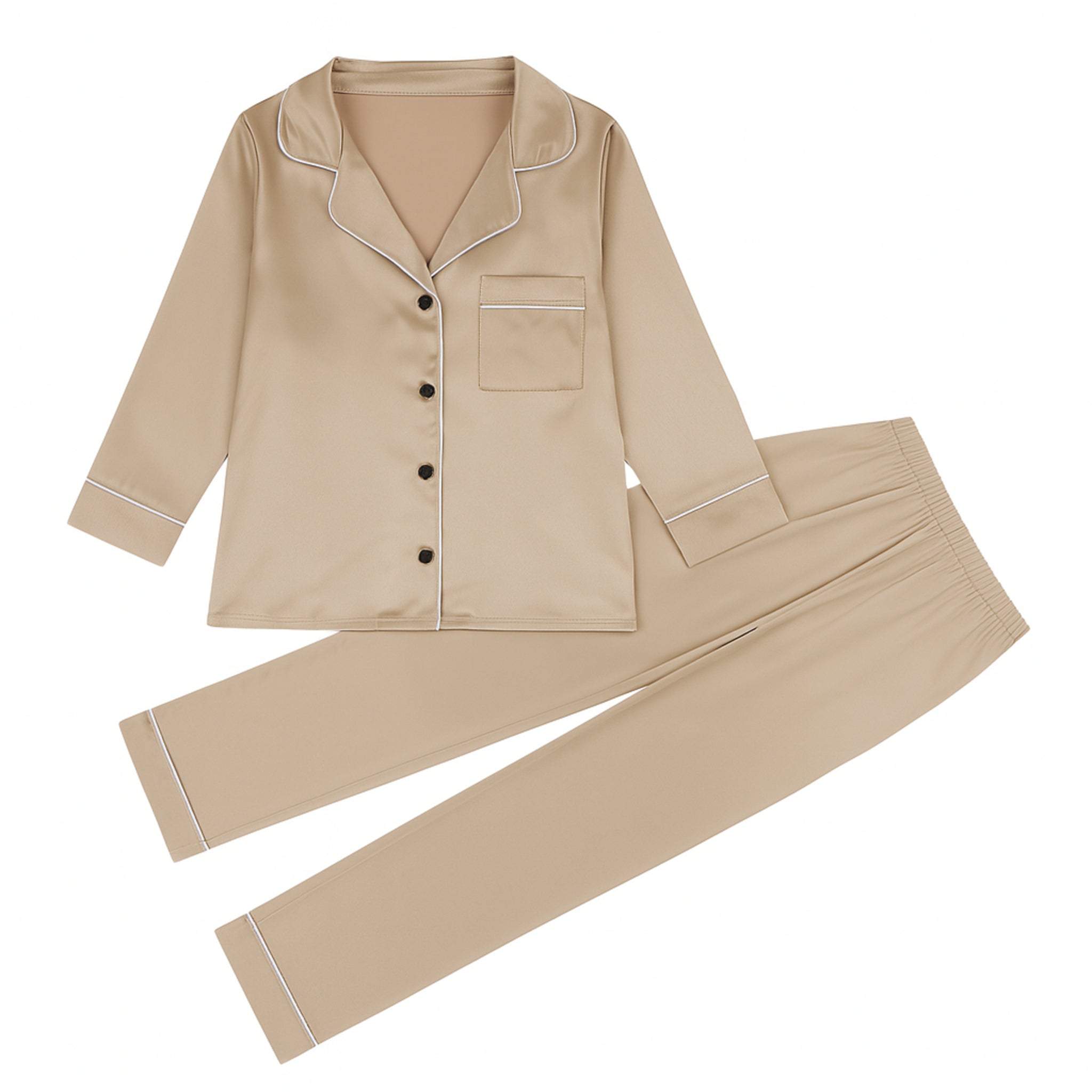 Women's soft silky touch satin pyjama set in Beige with black piping, long sleeve button-up top and matching full-length trousers, comfortable nightwear